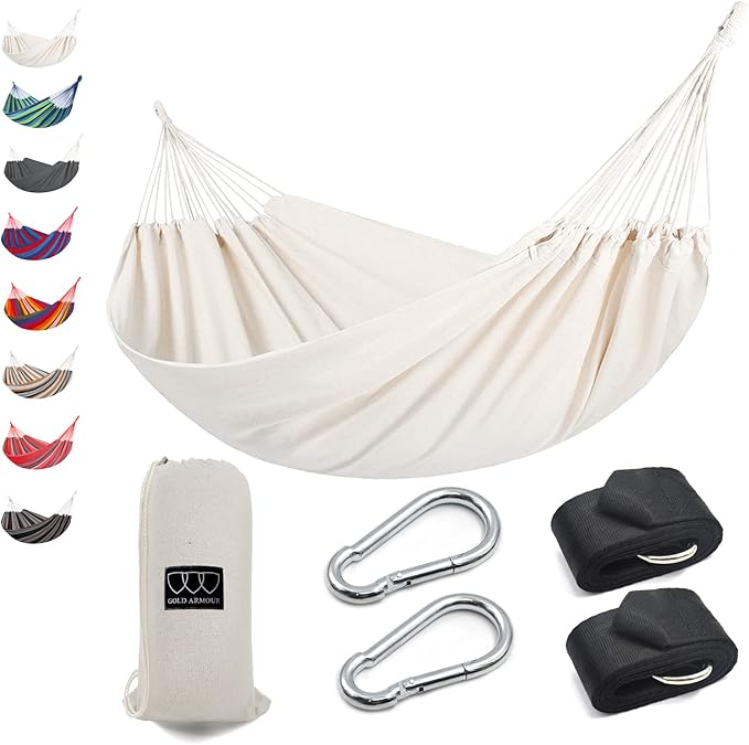 Gold Armour Brazilian Style Hammock with Tree Straps for Hanging, Portable Single Double Hammock for Camping, Outdoor, Indoor, Patio, Backyard (Beige White)