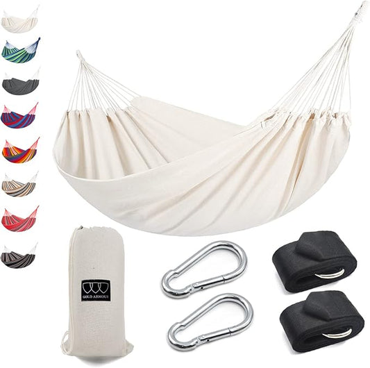 Gold Armour Brazilian Style Hammock with Tree Straps for Hanging, Portable Single Double Hammock for Camping, Outdoor, Indoor, Patio, Backyard (Beige White)