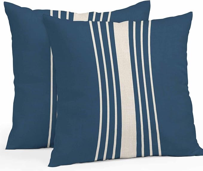 Vandarllin Outdoor Throw Pillows Covers 26x26 inch Set of 2 Waterproof Navy Blue Vertical Stripes Decorative Zippered Cushion Covers for Patio Furniture, Classic Striped Linen Lumbar Pillowcases