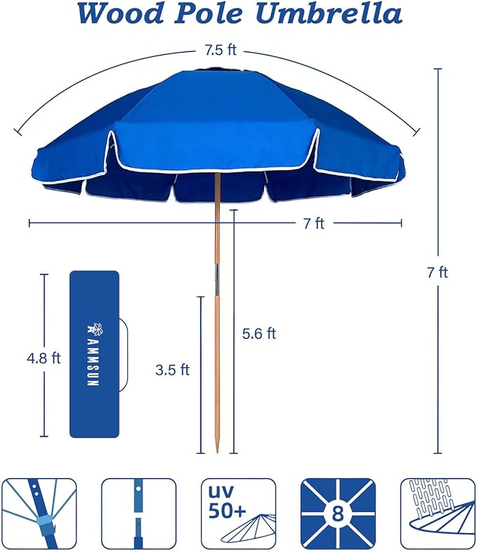 AMMSUN 7.5ft Heavy Duty High Wind Beach Umbrella Commercial Grade with Air Vent Ash Wood Pole & Carry Bag UPF 50+ Sun Protection for Patio Garden Pool Backyard Blue