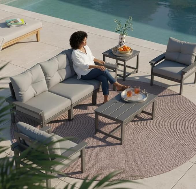 HDPE Outdoor Patio Furniture Set, 7-Piece Patio Conversation Sets with Coffee Table & Side Table & Grey Washable Thick Cushions, Outdoor Sofa for Balcony, Poolside, Porch(Grey Frame)