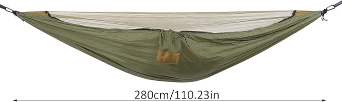 Single Hammock with Mosquito Netting, Nylon Camping Hammock, Anti Mosquito, Portable, Packable, Outdoor Sleeping Swing 280x140cm (Military Green + Camel Color)