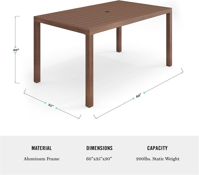Martha Stewart Bedford 62" Indoor-Outdoor Aluminum Patio Table with Umbrella Hole and Brushed Woodgrain Finish in Gray
