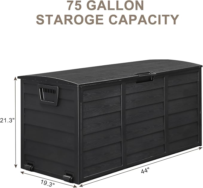 75 Gallon Large Outdoor Storage Box, Indoor and Outside Deck Box with Lockable Design Lids, Waterproof Resin Storage Containers Bin for Garden, Garage, Patio, Poolside, Toy Storage Full Black
