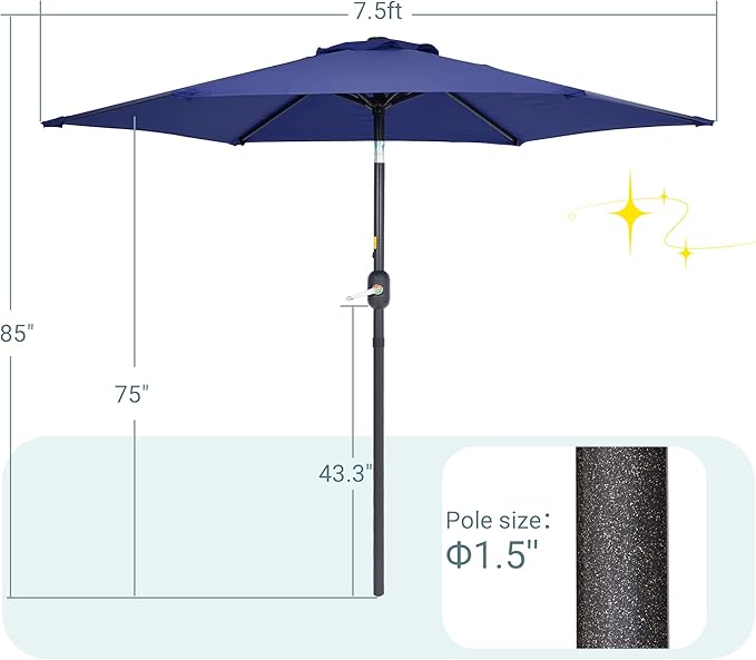 7.5ft Outdoor Umbrella Patio Umbrella,2-Year-Non-Fading,Table Market Patio Umbrella with Push Button Tilt and Crank,for Pool, Deck, Garden,Backyard