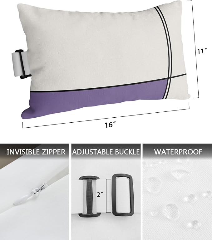 Outdoor Pillows Covers with Inserts Abstract Gemoetric Art Purple Color Block Waterproof Recliner Pillow with Adjustable Strap Throw Pillows for Patio Furniture Pool Lounge Chair, 11x16 inch, 1PCS