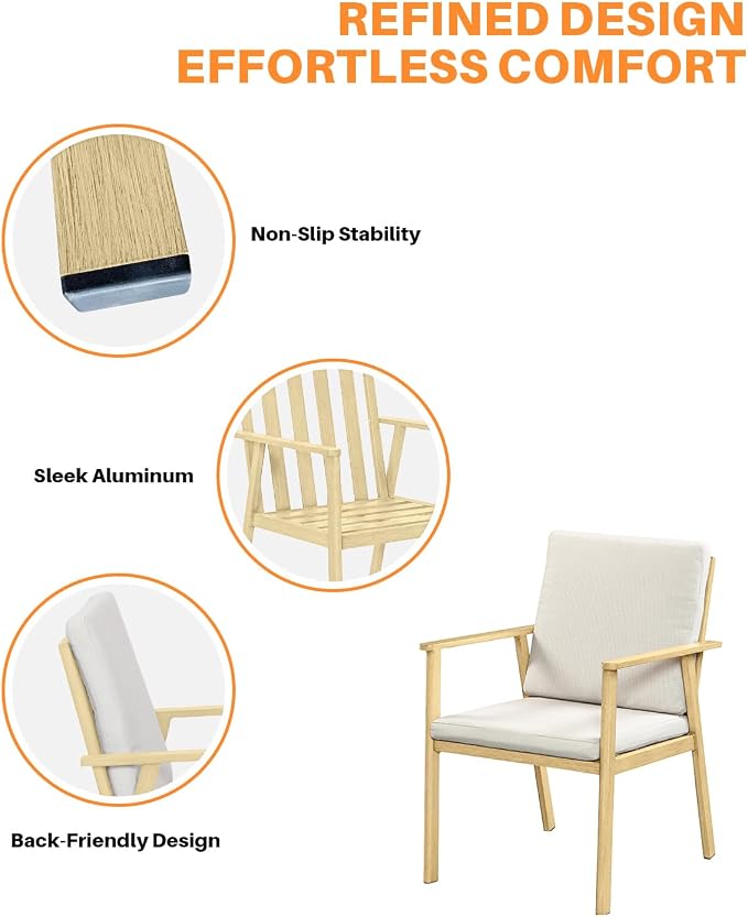 Never-Rust Outdoor Patio Dining Chairs, 2 Pieces Outdoor Aluminum Dining Chairs with Thickened Cushions, Patio Dining Furniture Chairs Set for Garden, Decks, Porch, Pool, Maple Wood