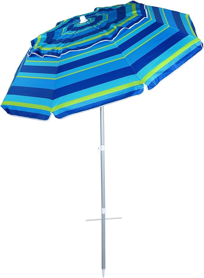 6.5ft Beach Umbrella with Tilt Pole, Portable Sand Anchor and Carry Bag, UPF 50+ Sun Shelter Air Vents, Perfect for Beach, Camping, Sports, Pool,Gardens and Balcony,CH-1503 Blue Multi Stripe