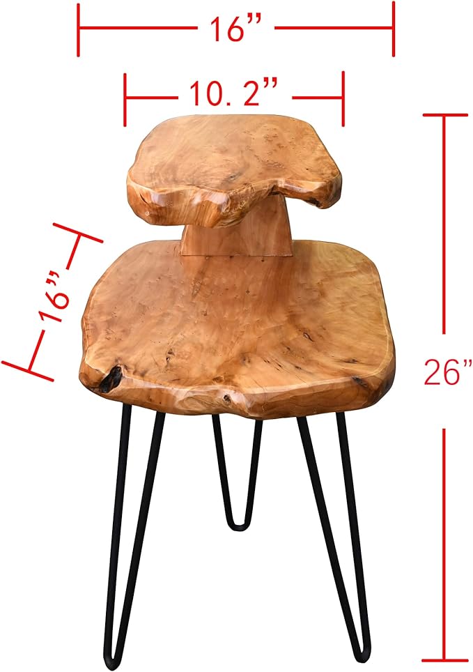 Double-Deck Cedar Solid Wood Coffee Table 16" x 16" x 26" H Natural Shape Accent Vintage Outdoor Side Tables Rustic Plant Stand Couch Live Edge End Tables for Living Room Sofa Patio Bedroom