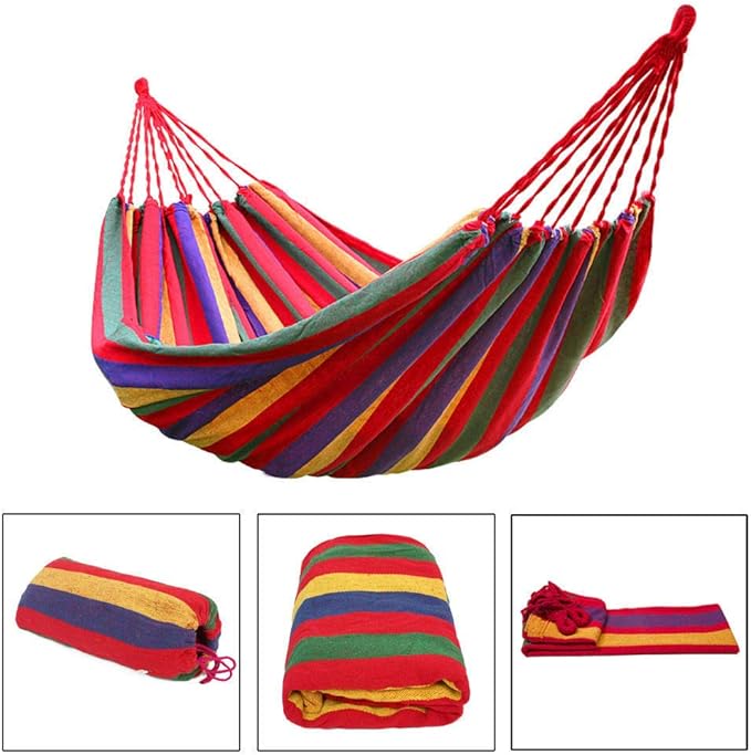 One Person 20080cm Portable Polyester & Cotton Hammock Blue & Green Strip