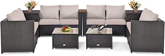 Tangkula 8 Piece Wicker Patio Set with Storage, All Weather-Proof Outdoor Conversation Set, with Loveseat, Glass Top Coffee Table & Storage Box, Suitable for Garden, Poolside, Sunroom (2, Brown)