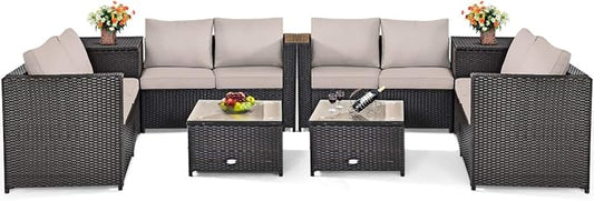 Tangkula 8 Piece Wicker Patio Set with Storage, All Weather-Proof Outdoor Conversation Set, with Loveseat, Glass Top Coffee Table & Storage Box, Suitable for Garden, Poolside, Sunroom (2, Brown)
