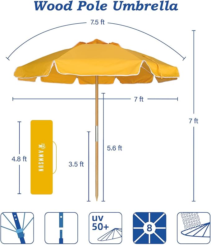 AMMSUN 7.5ft Heavy Duty High Wind Beach Umbrella Commercial Grade with Air Vent Ash Wood Pole & Carry Bag UPF 50+ Sun Protection for Patio Garden Pool Backyard Yellow