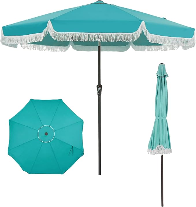 PeakPursuit 9 ft Patio Umbrella with Fringe, Tassel Outdoor Beach Umbrella for Sand with Push Button Tilt, 8 Fiberglass Ribs, UV 50+ Sun Protection for Garden, Pool, Backyard, Deck