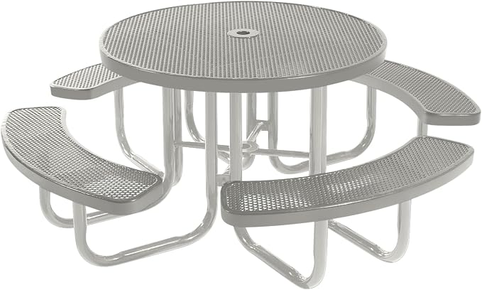 COATEDOUTDOORFURNITURE Heavy-Duty Portable Outdoor Picnic Table with Umbrella Hole, Punched Steel Commercial-Grade Patio Furniture Made in America (46" Round Top, Grey with Grey Frames)