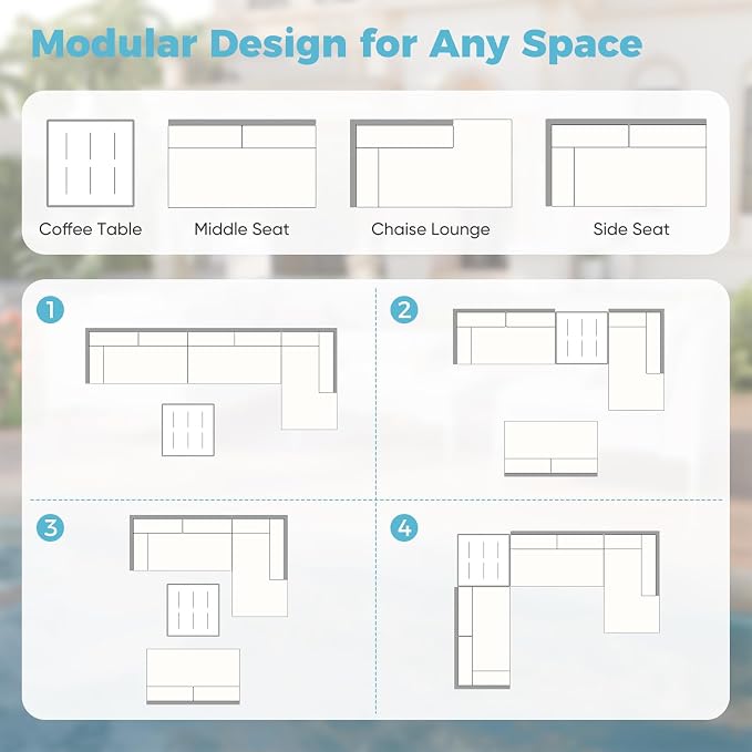 K Knowbody Patio Sectional Furniture Set, 4 Pieces All-Weather Rattan Modular Sofa, Deep Seating Outdoor Sectional Set with 9.4" Thick Back Cushions & Coffee Table, Low Profile, White&Gray