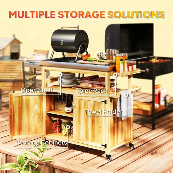 Outdoor Storage Cabinet and Grill Cart with Stainless Steel Top, Rolling Patio Kitchen Island for BBQ Tools and Pizza Oven, Solid Fir Wood Storage Box with Wheels, 43 x 20 x 36 Inches