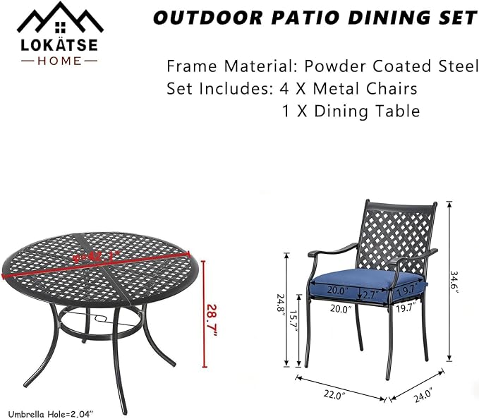 LOKATSE HOME 5 Piece Outdoor Patio Metal Dining Set with 4 Outdoor Iron Arm Dining Chairs with Seat Cushions and 1 Outdoor Dining Table with Umbrella Hole-Blue