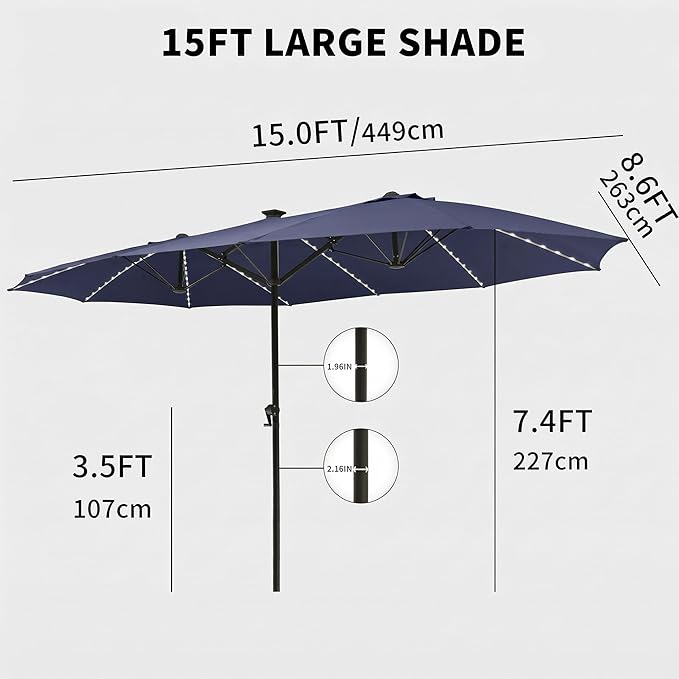 15FT Large Double Sided Patio Umbrella, Fade Resistant Outdoor Umbrellas with Fiberglass Ribs, Solar Panel, LED Lights & USB Charging, Rectangular Market Umbrella with Aluminum Crank for Garden, Party, Lawn, Poolside, Backyard, Navy Blue