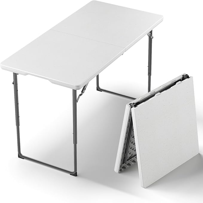 Folding Table, 4FT Foldable Picnic Table with Adjustable Height, Heavy Duty Fold-in-Half Portable Table for Weddings, Camping, RV Travel, Parties, BBQs, and Indoor Use, Easy to Fold and Store