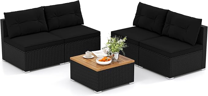 DORTALA 5 Piece Wicker Patio Furniture Set, PE Rattan Outdoor Sectional Conversation Set with Acacia Wood Coffee Table, 4 Chairs for Deck, Backyard, Poolside, Black