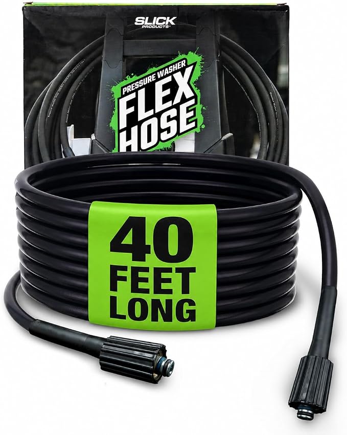 Slick Products Pressure Washer Flex Hose – 40 Ft Ultra-Flexible No-Kink High Pressure Hose, Lightweight Tangle-Free Design with Leak-Resistant Fittings for Car Wash & Outdoor Cleaning