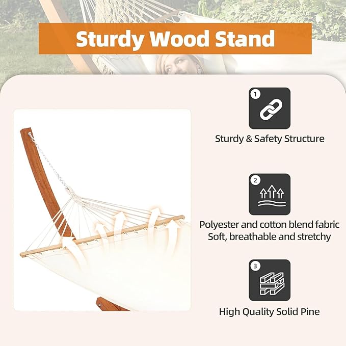 ECOTOUGE 13 FT Hammock with Stand, Heavy Duty Hammock Stand, 2 Person Heavy Large Hammock Bed for Porch, Patio, Balcony, Garden, Backyard, Load 550lbs 550LBS, White-Yellow
