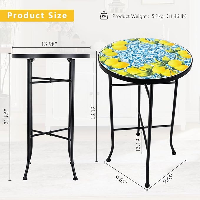 14 Inch Mosaic Patio Side Table with X-Straight Legs, Indoor Outdoor Accent Round End Table with Ceramic Tile Tops for Yard, Garden, Living Room, Bistro, A - Lemon & Blue Tile