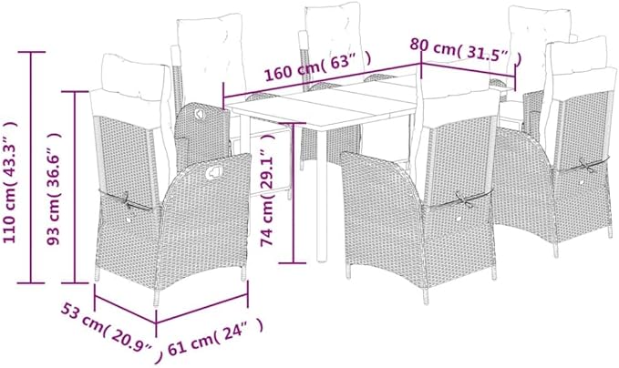 Backyard Furniture Patio Conversation Sets Outdoor Seating 7 Piece Patio Dining Set with Cushions Gray Poly Rattan Suitable for Gardens, Balconies, Decks