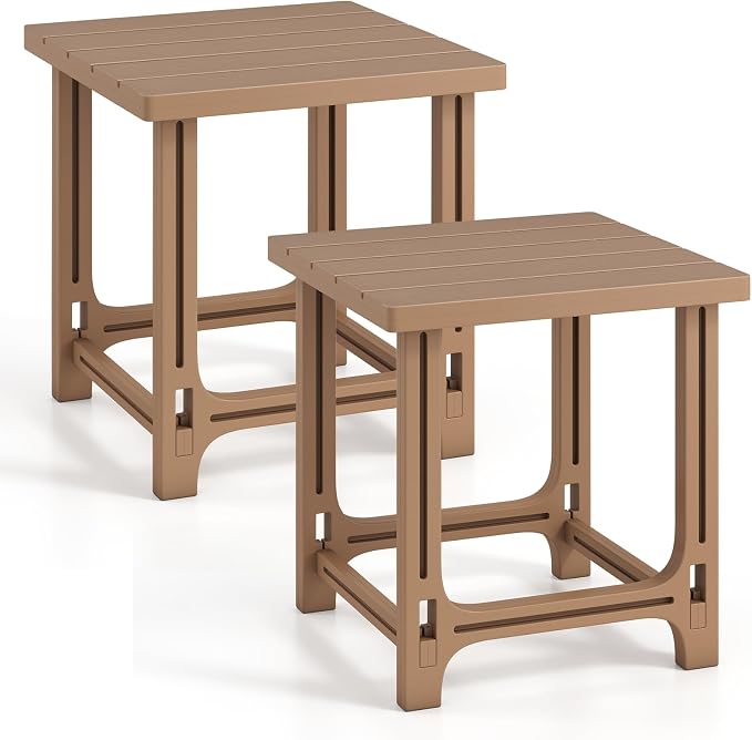 Tangkula Outdoor Adirondack Side Table, 18" Heavy Duty HDPE Patio End Table with Slatted Surface, 0-Screw Assembly, Easy Maintenance, Small Outdoor Side Table for Porch, Pool, Garden, Deck (2, Brown)