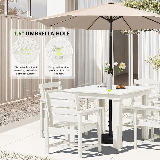 KINGYES 5-Piece HDPE Outdoor Dining Set for 4, Square Patio Table & Armchairs with Umbrella Hole, All-Weather Patio Dining Set for Backyard, Garden, Lawn & Poolside, White
