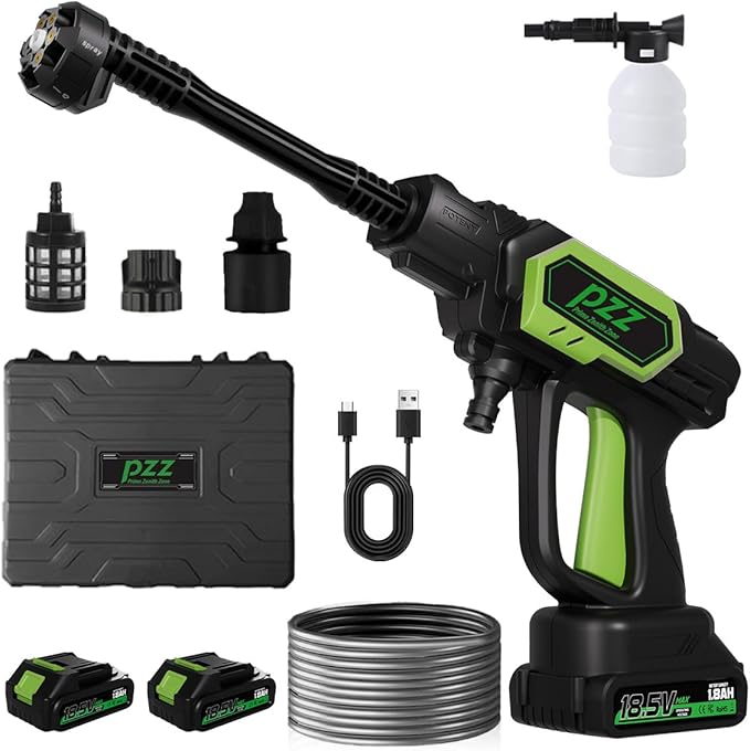 PZZ Cordless Pressure Washer, 1000 PSI Portable Power Cleaner with Dual 18.5V Batteries, 6-in-1 Nozzle & 17FT Hose, Lightweight Battery Powered Car Washer for Patio, Garden & Outdoor Cleaning (Green)