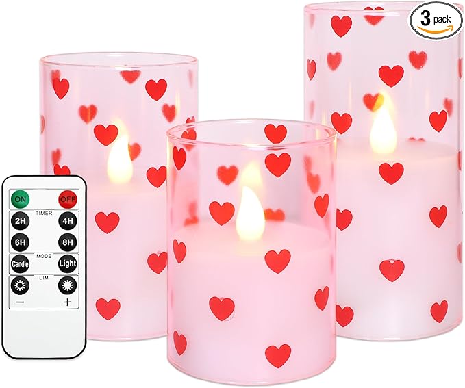 Silverstro Love Flameless Candles with Remote Timer, Glass Battery Operated Candles, Pink Spray-Painted Heart LED Candles for Home Party Wedding Valentine's Day Decor Set of 3
