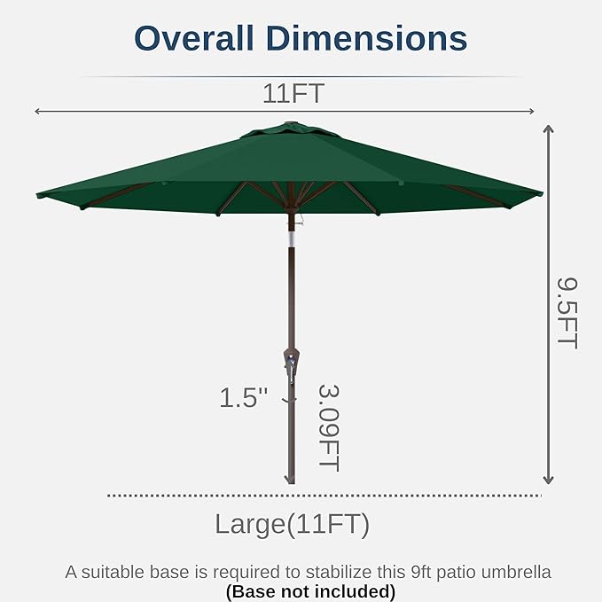11FT Patio Umbrella, Outdoor Umbrella with with 8 Sturdy Fiberglass Ribs,Market Table Umbrella with Push Button Tilt and Crank,Suit for Backyard,Garden,Pool,Deck(Dark Green)