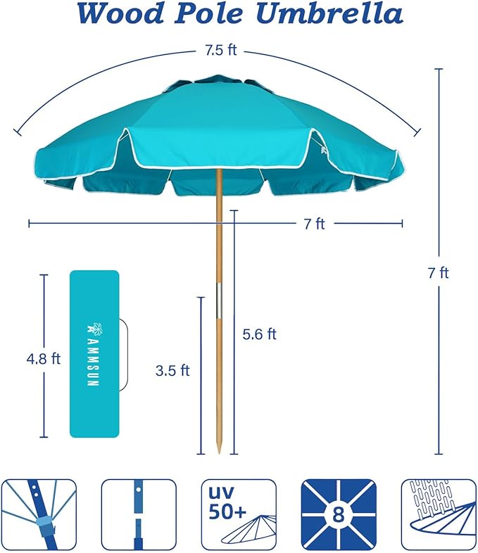 AMMSUN 7.5ft Heavy Duty HIGH Wind Beach Umbrella Commercial Grade Patio Beach Umbrella with Air Vent Ash Wood Pole & Carry Bag UPF 50+ Protection Lake Blue
