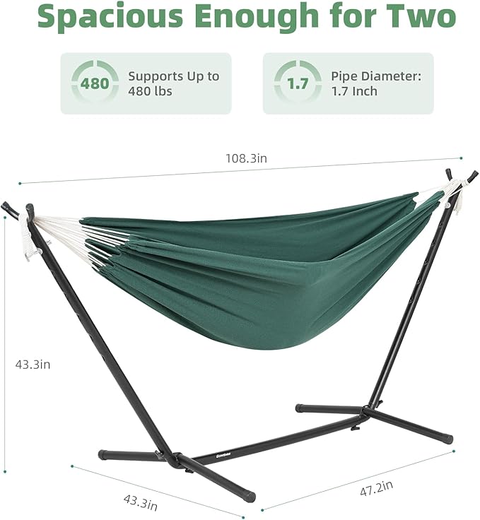 EchoSmile Double Hammock with Detachable Stand - 480 lbs Heavy Duty 2 Person Adjustable Hooks Indoor Outdoor Stand Hammock Durable Steel Frame, Green