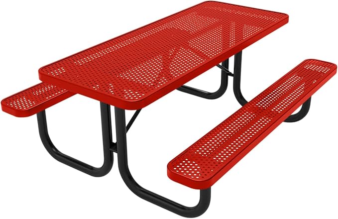 COATEDOUTDOORFURNITURE Heavy-Duty Portable Outdoor Picnic Table, Thermoplastic Coated Punched Steel Commercial-Grade Patio Dining Furniture Made in America (6ft Rectangular, Red)