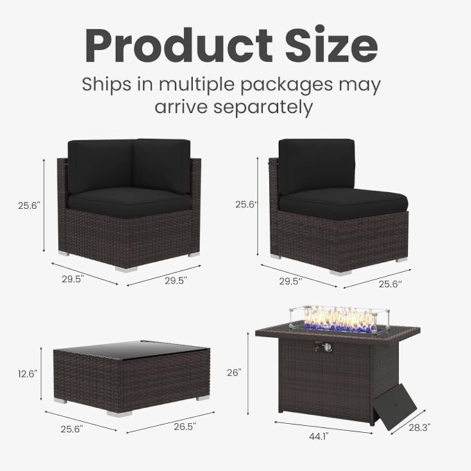 15 Pieces Patio Furniture Set with 44" Propane Gas Fire Pit Table, Outdoor Sectional Brown Rattan Wicker Conversation Sofa Sets with Coffee Table