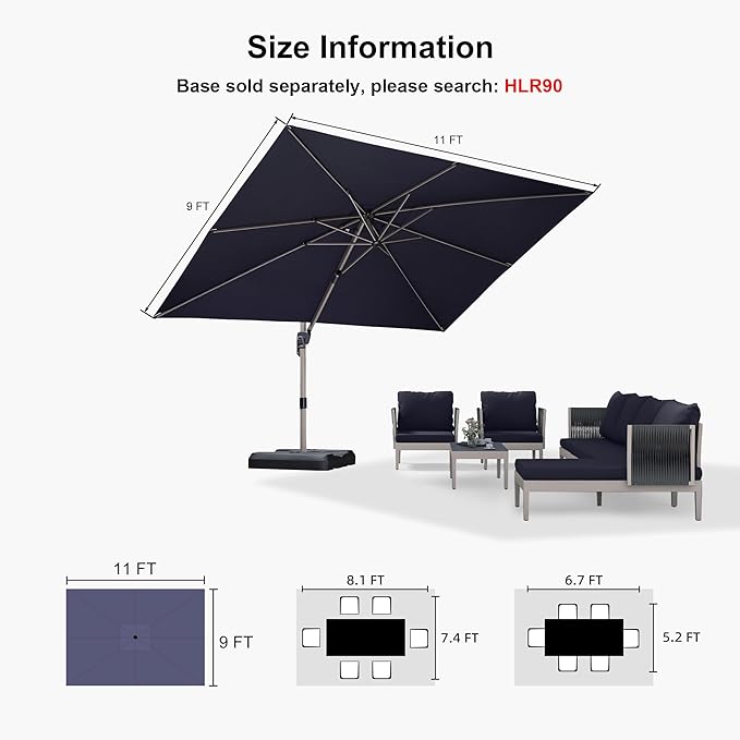 PURPLE LEAF 9' X 11' Patio Umbrella, Rectangle Outdoor Cantilever Umbrella, Aluminum Offset Umbrella with Champagne Frame and 360° Rotation for Pool Deck Garden, Navy Blue