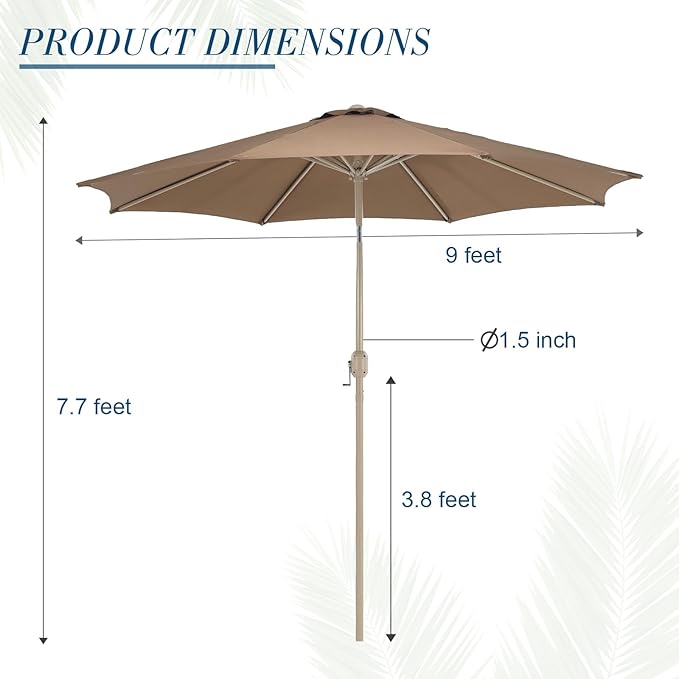 BPS 9FT Outdoor Patio Umbrella, Outdoor Market Table Umbrella with 8 Sturdy Ribs, Push Button Tilt and Crank for Garden, Deck, Backyard, Poolside