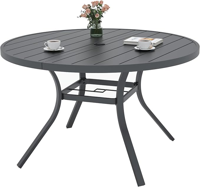 Outdoor Dining Set of 5 with 48" Round Table, Tan Grey Swivel Chairs Style2 | 4 Piece Swivel Chairs: High Back, Curved Armrest, Textilene Fabric, Rocking; 48 inch Metal Round Table, All Weather