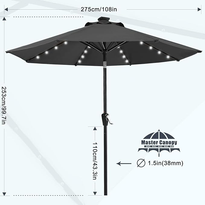 MASTERCANOPY 9FT 8Ribs Patio Umbrella with 32 Solar LED Lights, Outdoor Market Umbrella with Tilt & Crank, UV Protection & Fade Resistant Fabric, Easy Set-Up for Garden, Deck, Pool (Dark Gray)