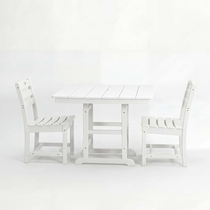 WILLIAMSPACE 37.8" Outdoor Patio Dining Set with 2 Armless Chairs, All Weather HDPE Square Dining Table with Umbrella Hole, Patio 3-Piece Bistro Set for Backyard, Balcony, Lawn, Kitchen (White)