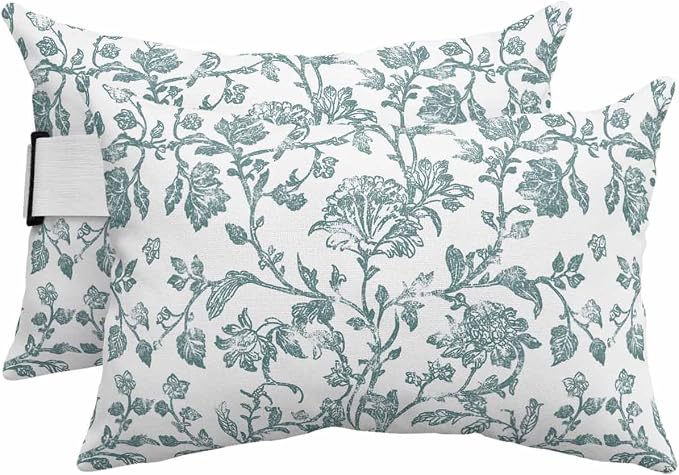 Pack of 2 Outdoor Lumbar Pillow Covers 11x16 Inch, Teal Blue Green Waterproof Throw Pillow Covers Set, Vintage Farmhouse Boho Flower Leaf Indoor&Outdoor Decorative Cushion Cases for Patio Porch Beach