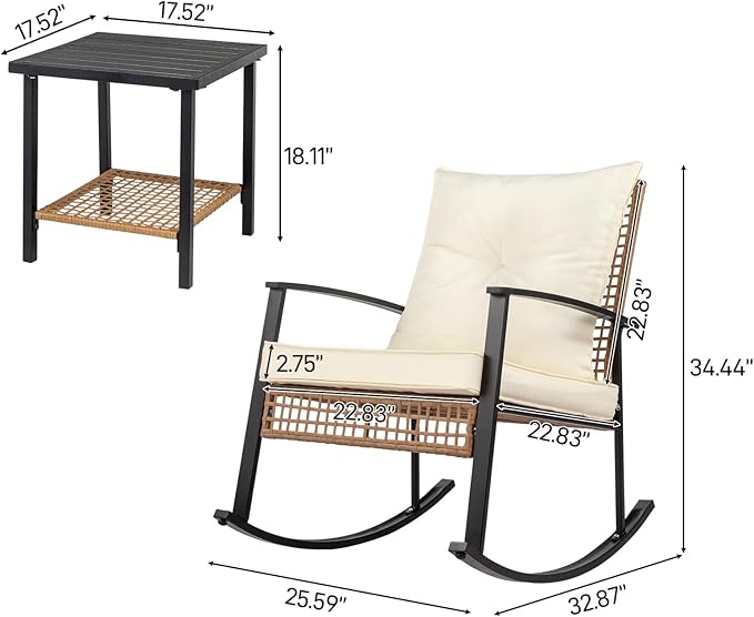 3 Pieces Patio Furniture Set, Outdoor Wicker Rocking Chairs with Cushions, Coffee Table, Rattan Bistro Rocker Set for Front Porch, Relaxing & Dining Conversation Set Light Yellow Rattan, White Cushion