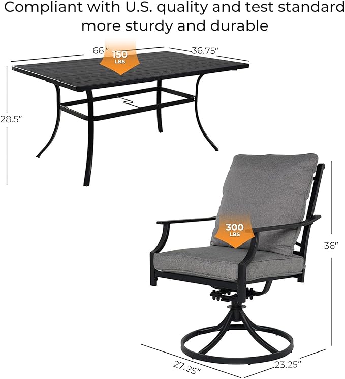 Grand patio 7-Piece Patio Dining Set for 6, E-Coated Outdoor Dining Set Swivel Patio Dining Chairs with Olefin Cushions & 1 Black Rectangular Faux Woodgrain Dining Table with 1.5”Market Umbrella Hole
