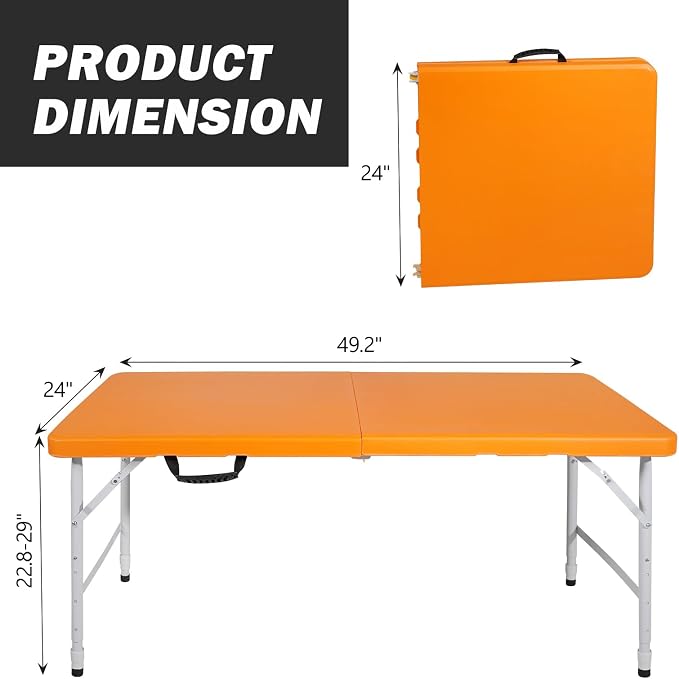Portable Plastic Folding Table 4ft/6ft/8ft Heavy Duty White-Orange Picnic Dining Table Fold-in-Half for Camp Party Kitchen Indoor Outdoor