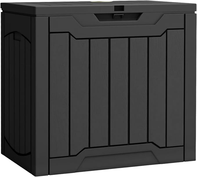 30 Gallon Deck Box Outdoor Storage Bench, Wood-Like Texture Resin Patio Box with Lockable Lid, Waterproof UV Resistant Outdoor Seat for Patio, Garden, Poolside