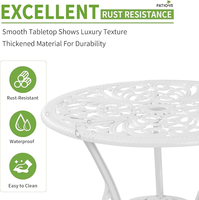 Outdoor Bistro Set 3 piece, Bistro Table and Chair Set of 2, Cast Aluminum Patio Dinning Set with Umbrella Hole for Balcony, Garden, Porch