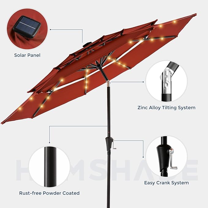 HOMSHADE 9FT 3-Tier Solar Patio Umbrella Heavy Duty, Vented Market Table Umbrella Windproof w/32 LED Lights, UPF50+, 5-year Fade Resistant, for Pool, Lawn, Garden, Deck (Neon Orange,No Base)